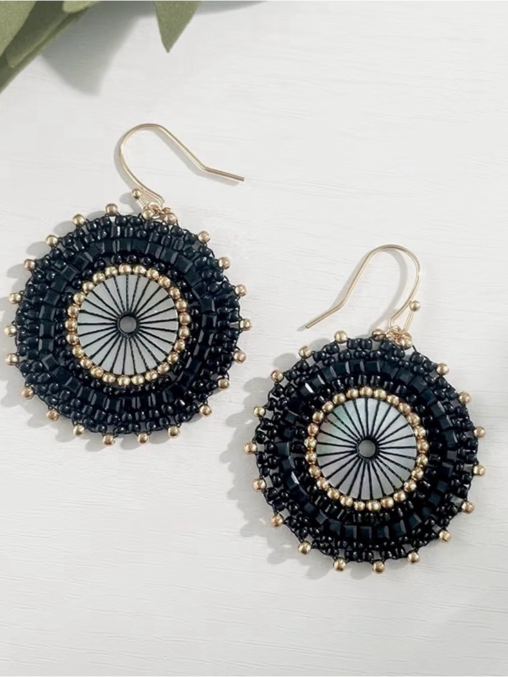 Black Beaded Disc Drop Earrings with Gold Accents